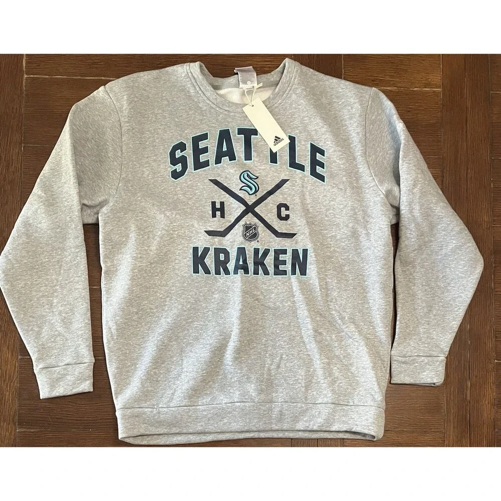 Men’s Adidas Size L Seattle Kraken Grey Fleece Crew Neck Sweater NWT